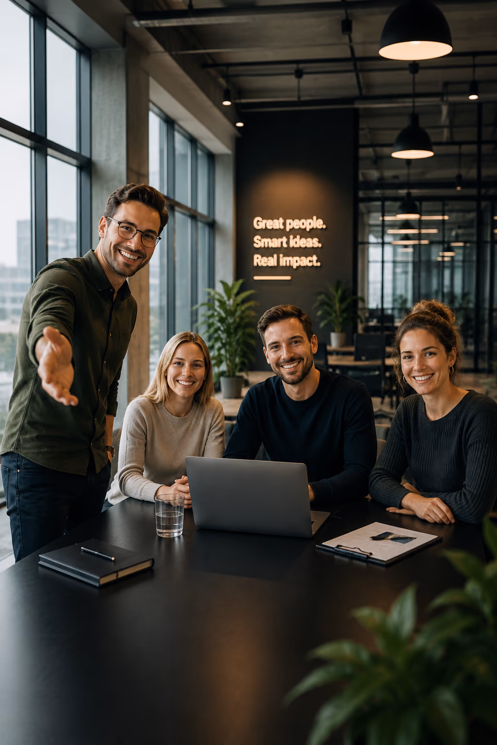 Four smiling coworkers in an office with a laptop and a wall sign saying Great people, Smart ideas.