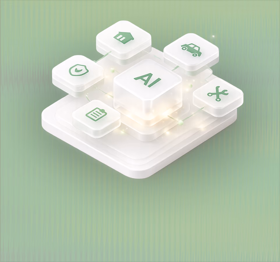 3D AI block connected to icons of house, car, shield, document, and scissors on green background.
